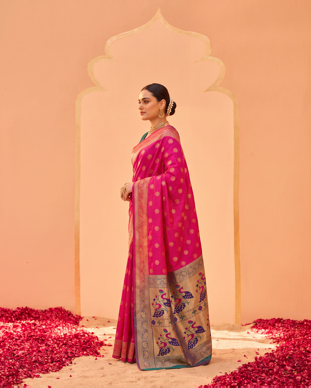 Kavya Temple Weave Paithani Silk Saree - Rani Pink - side drape