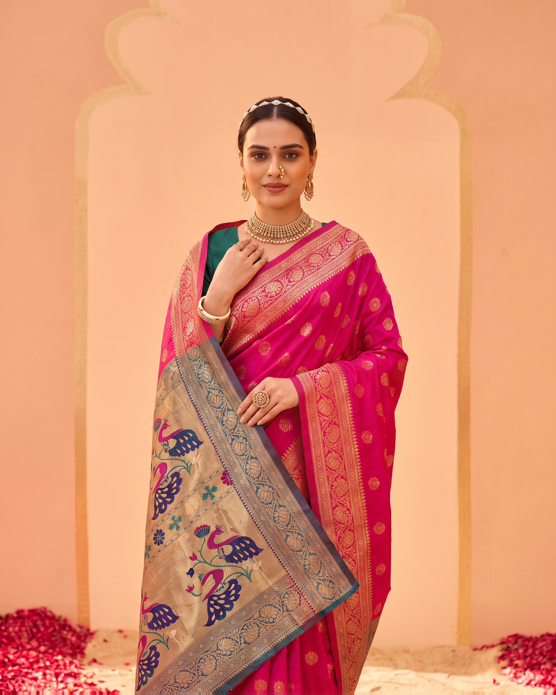 Kavya Temple Weave Paithani Silk Saree - Rani Pink - upper closeup