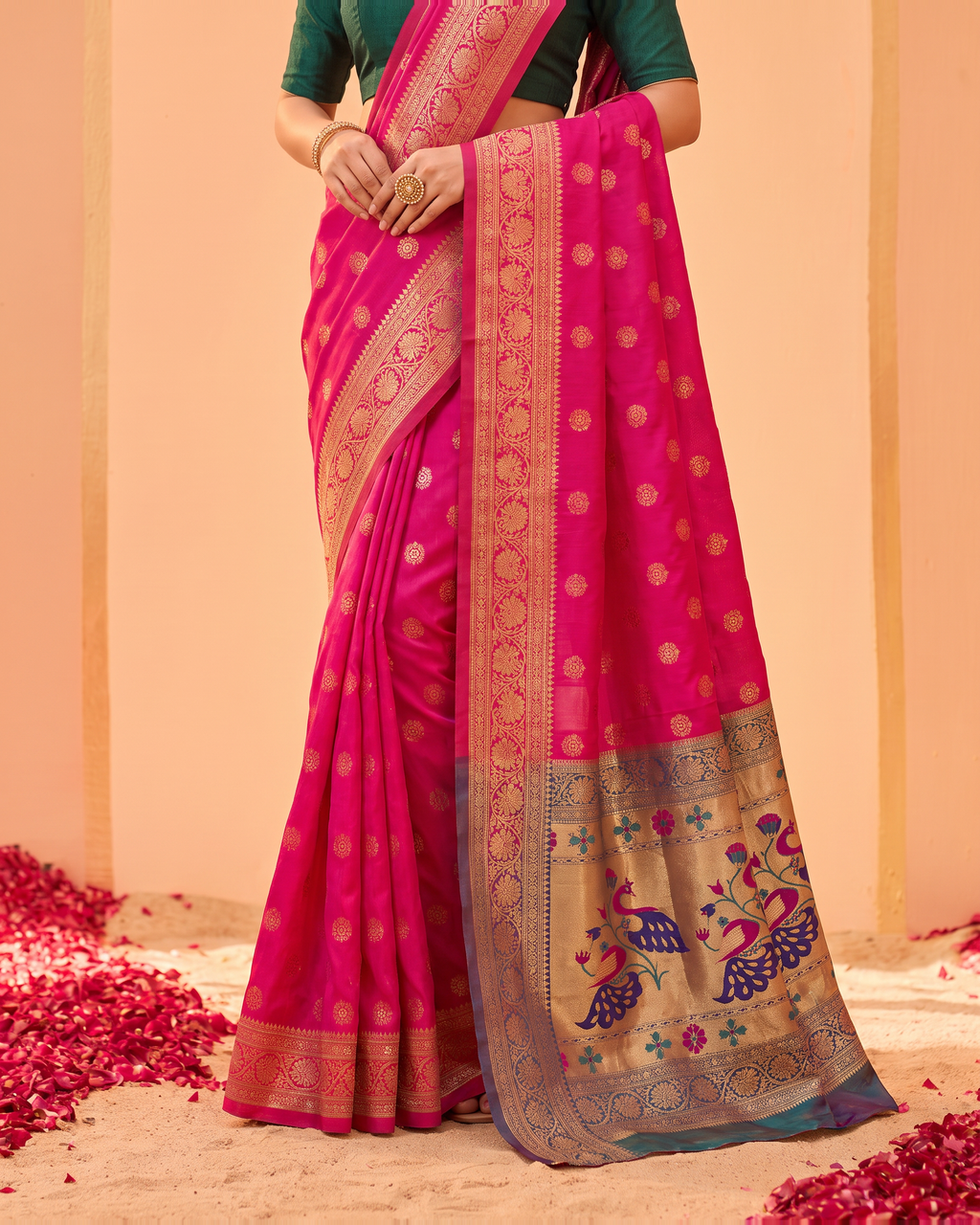 Kavya Temple Weave Paithani Silk Saree - Rani Pink - lower closeup