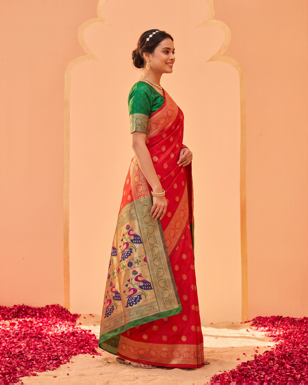 Kavya Temple Weave Paithani Silk Saree - Red - side drape