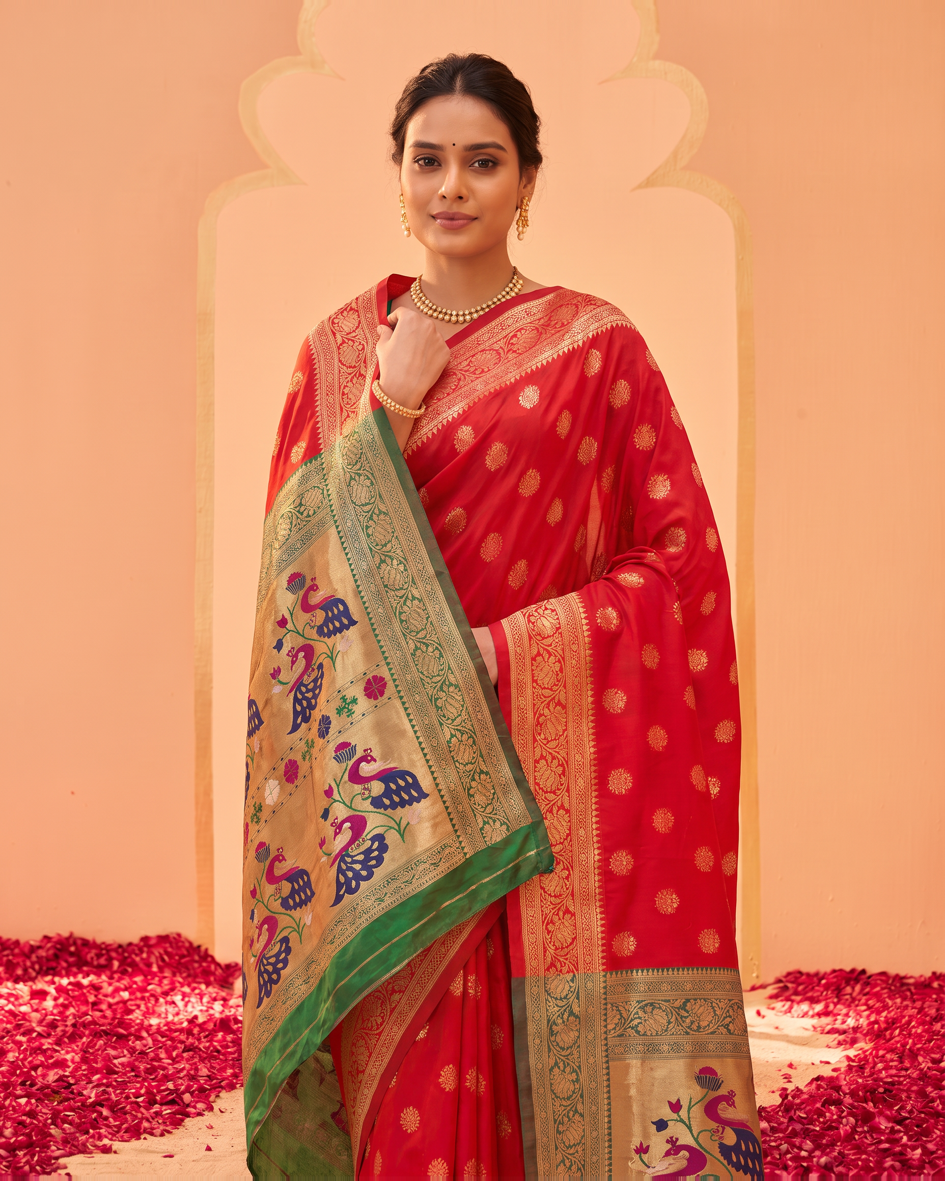 Kavya Temple Weave Paithani Silk Saree - Red - upper closeup
