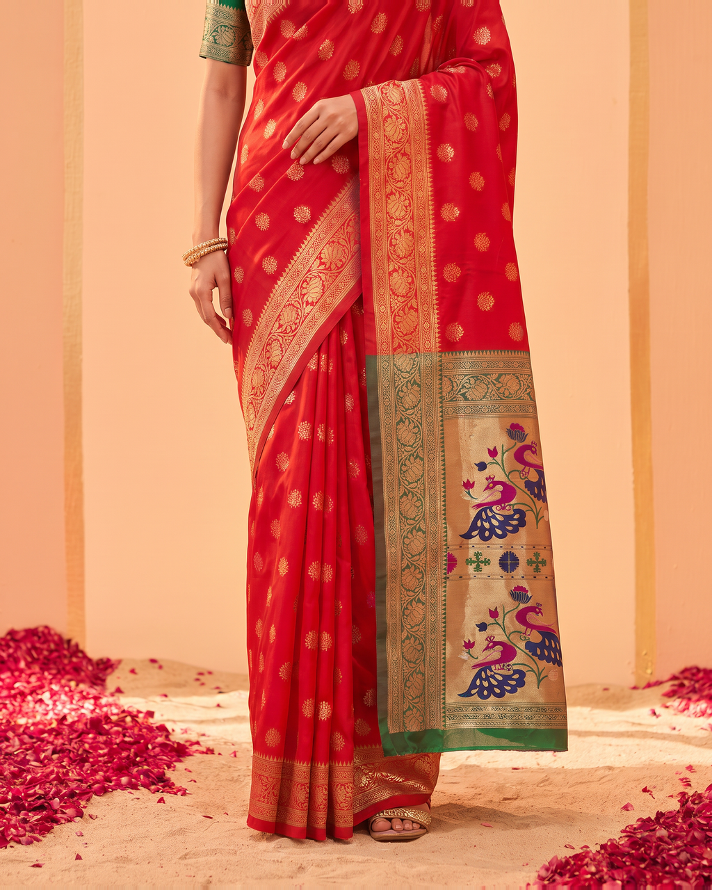 Kavya Temple Weave Paithani Silk Saree - Red - lower closeup