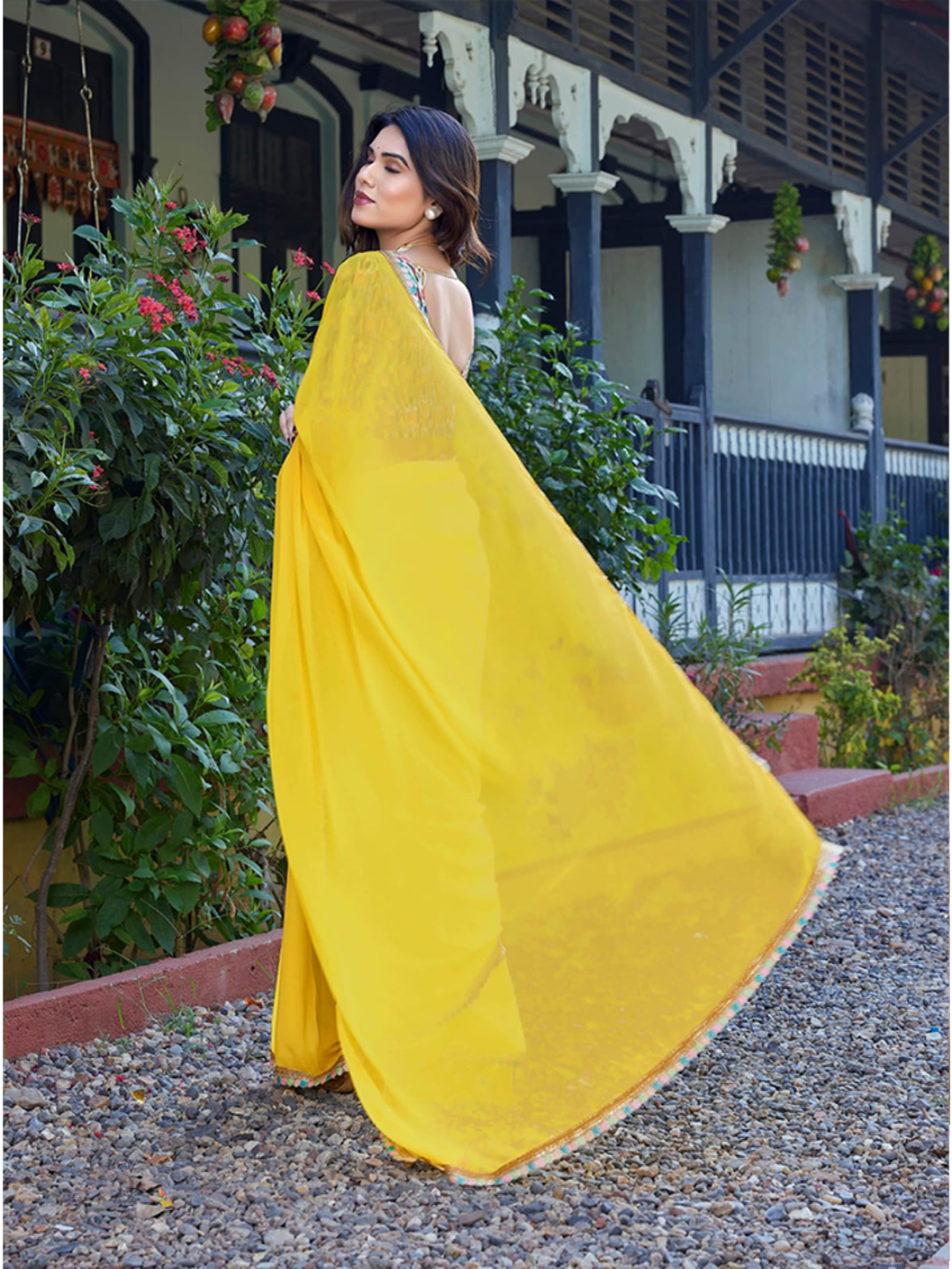Elegant Yellow Georgette Saree with Designer Border & Printed Blouse – Festive & Party Wear