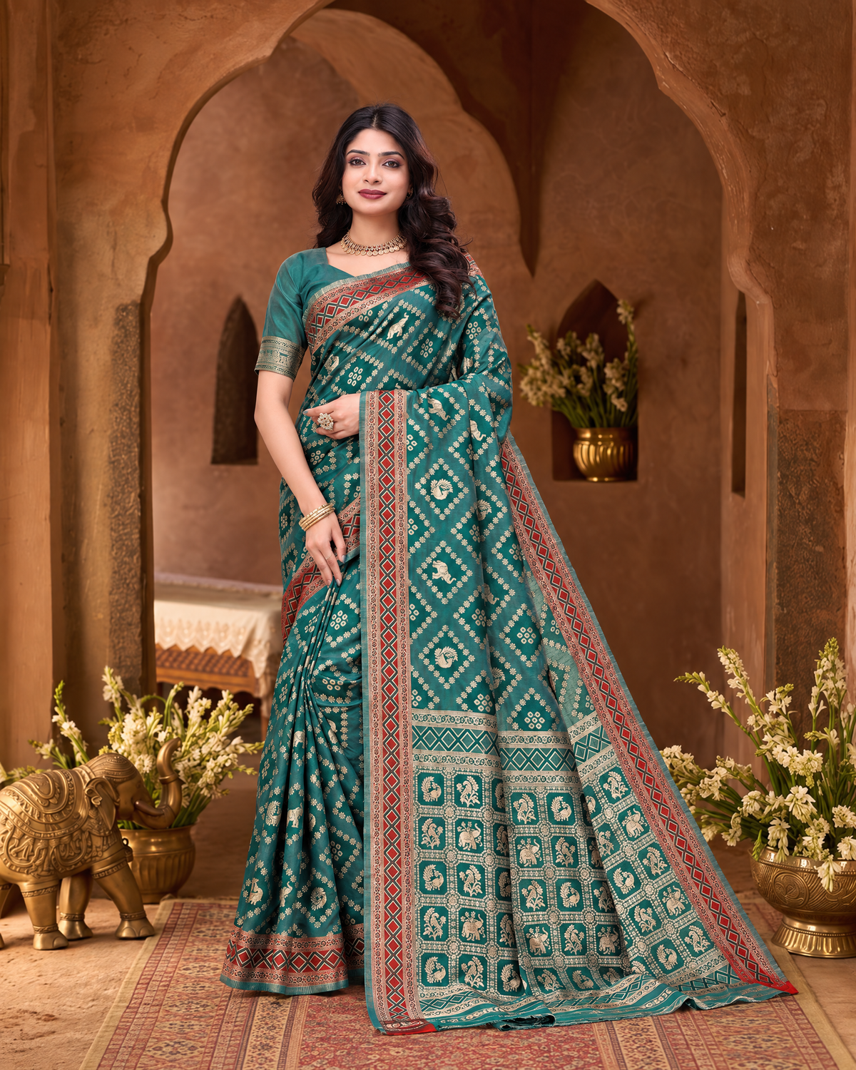 Kritika Diamond Pattern Zari Silk Saree with Geometric Pallu - Green - full saree hero