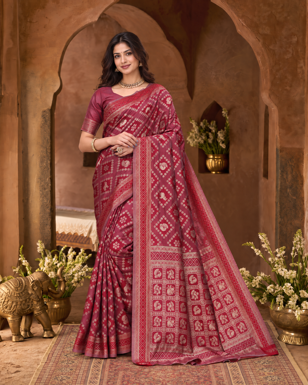Kritika Diamond Pattern Zari Silk Saree with Geometric Pallu - Maroon - full saree hero