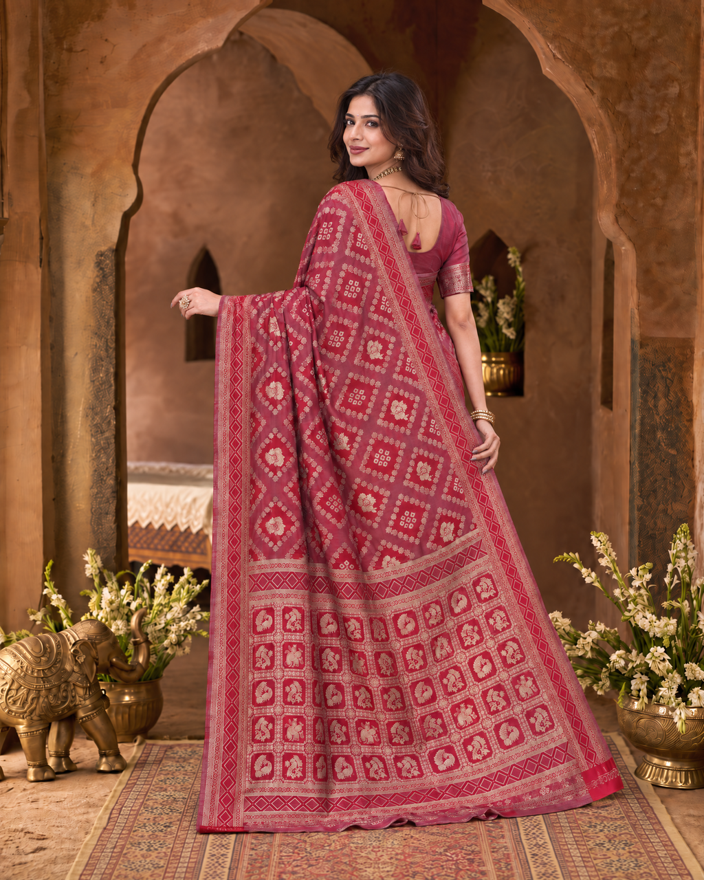 Kritika Diamond Pattern Zari Silk Saree with Geometric Pallu - Maroon - side