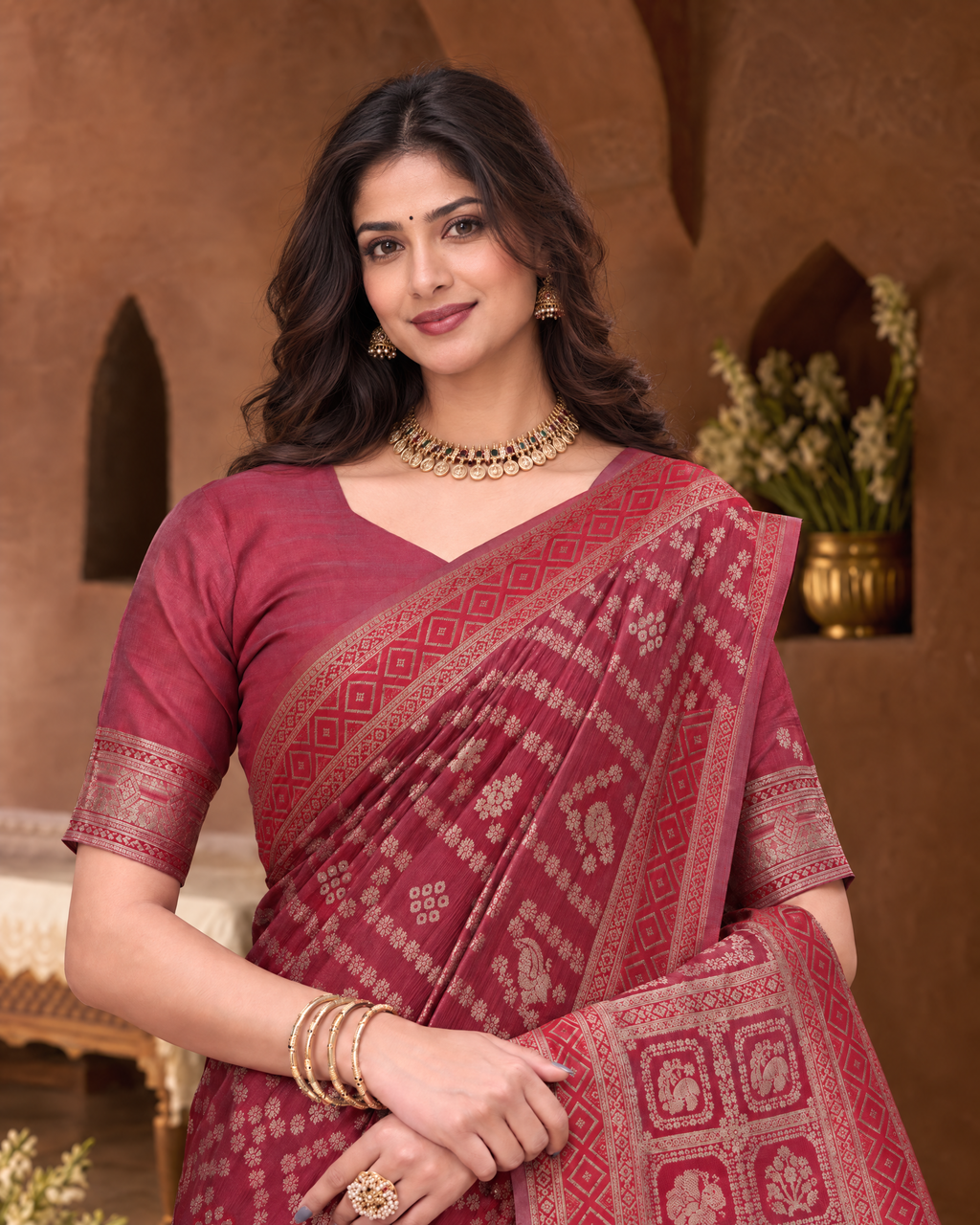 Kritika Diamond Pattern Zari Silk Saree with Geometric Pallu - Maroon - upper closeup