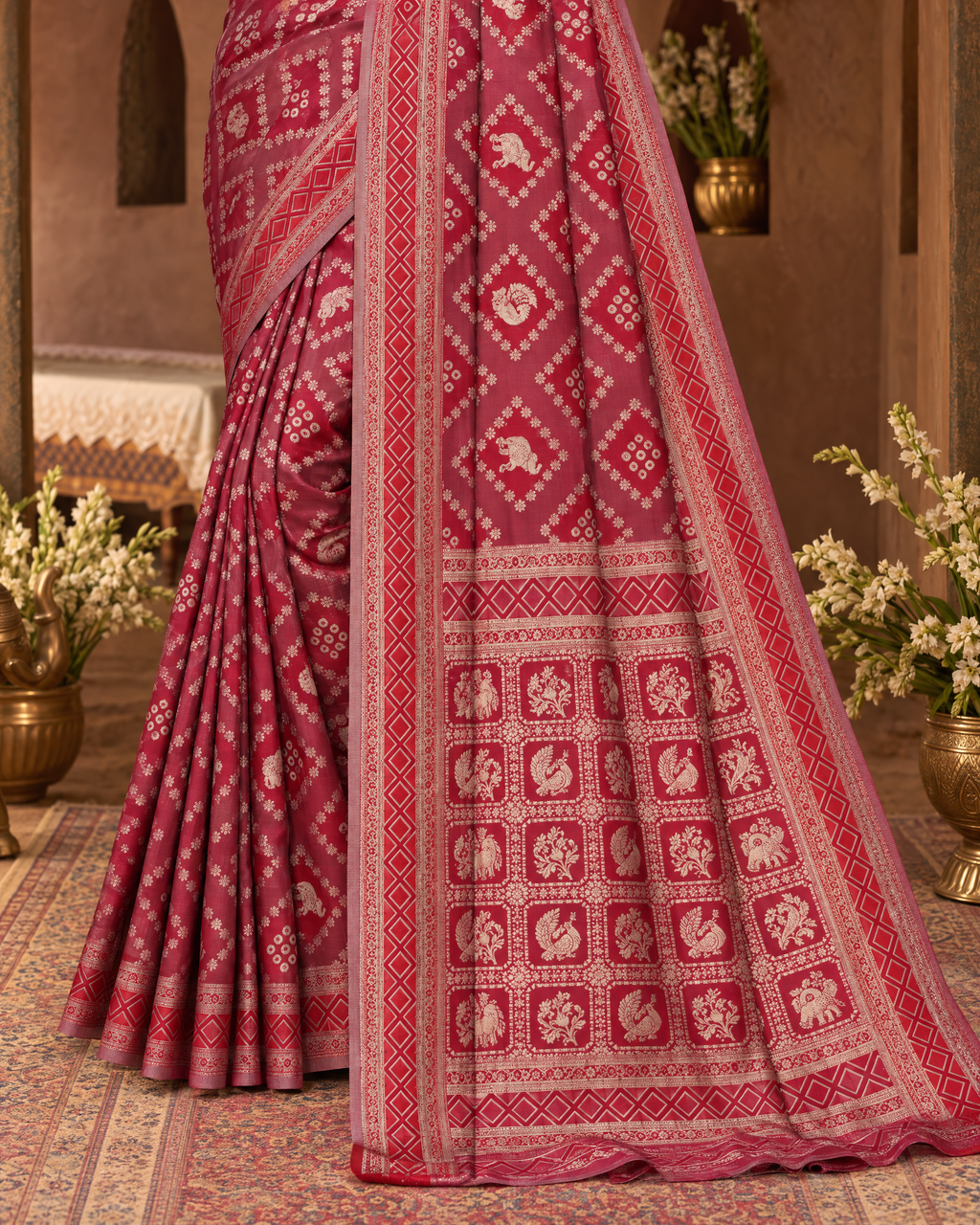 Kritika Diamond Pattern Zari Silk Saree with Geometric Pallu - Maroon - lower closeup