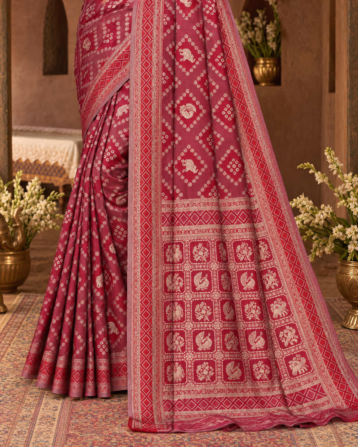 Kritika Diamond Pattern Zari Silk Saree with Geometric Pallu - Maroon - lower closeup