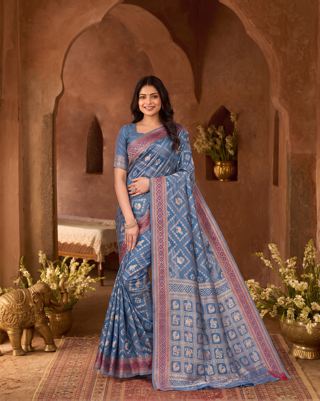 Kritika Diamond Pattern Zari Silk Saree with Geometric Pallu - Navy Blue - full saree hero