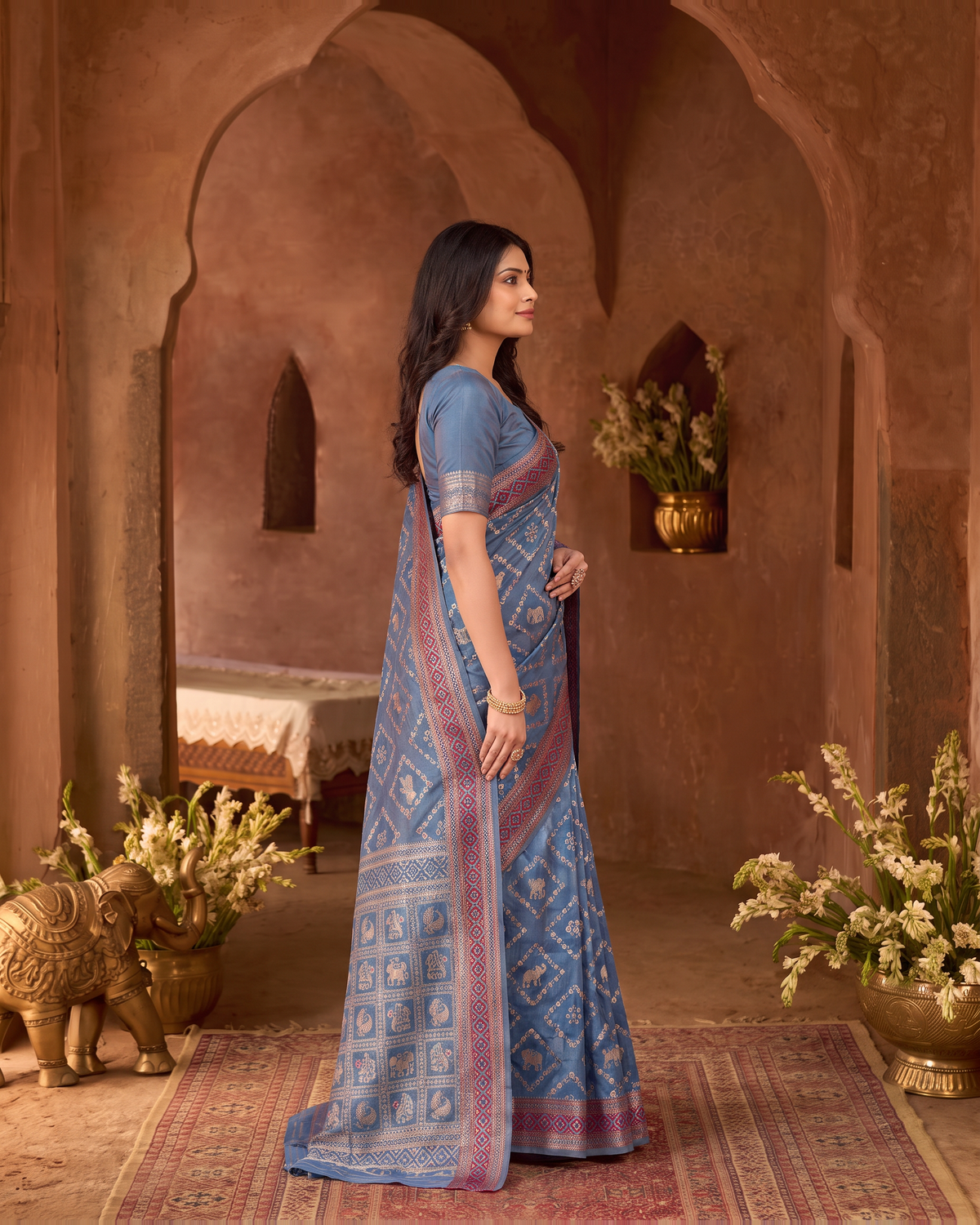 Kritika Diamond Pattern Zari Silk Saree with Geometric Pallu - Navy Blue - side