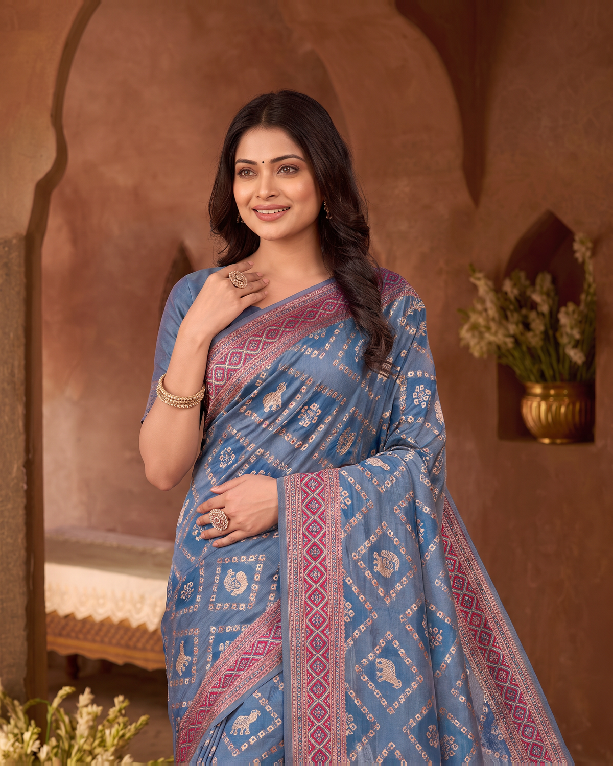 Kritika Diamond Pattern Zari Silk Saree with Geometric Pallu - Navy Blue - upper closeup