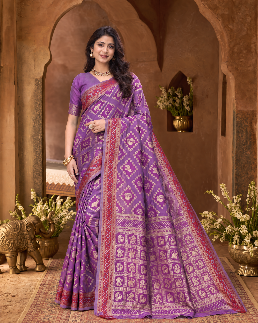 Kritika Diamond Pattern Zari Silk Saree with Geometric Pallu - Purple - full saree hero