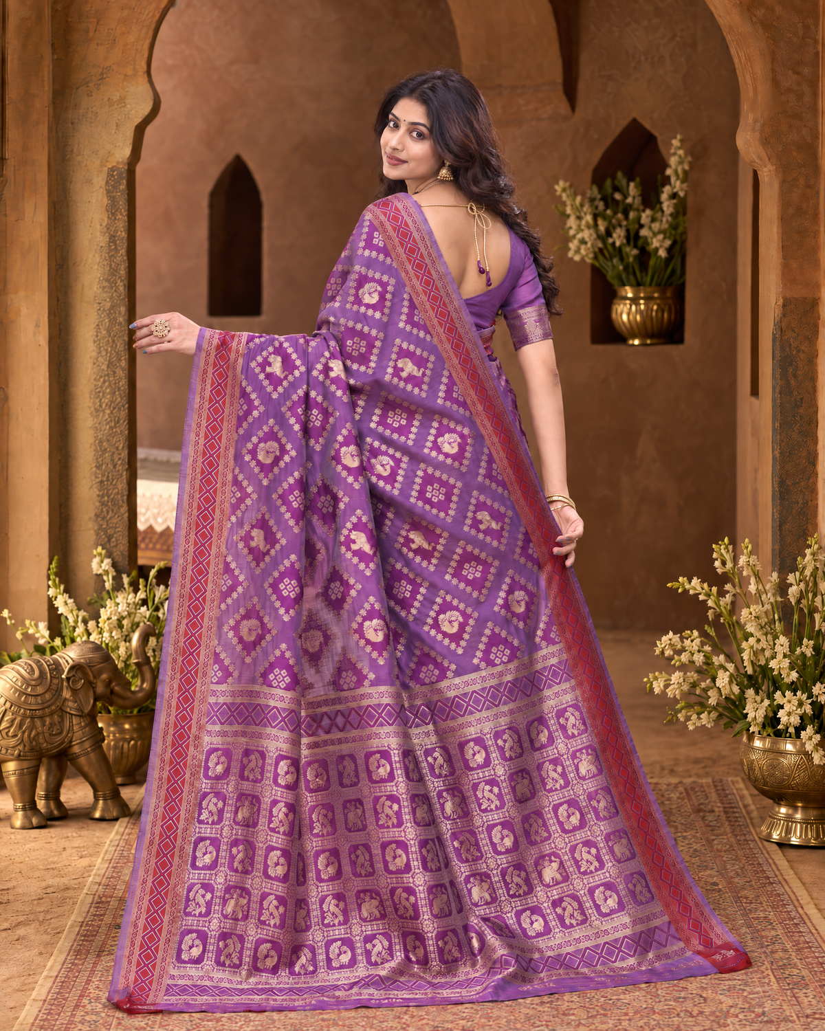 Kritika Diamond Pattern Zari Silk Saree with Geometric Pallu - Purple - side