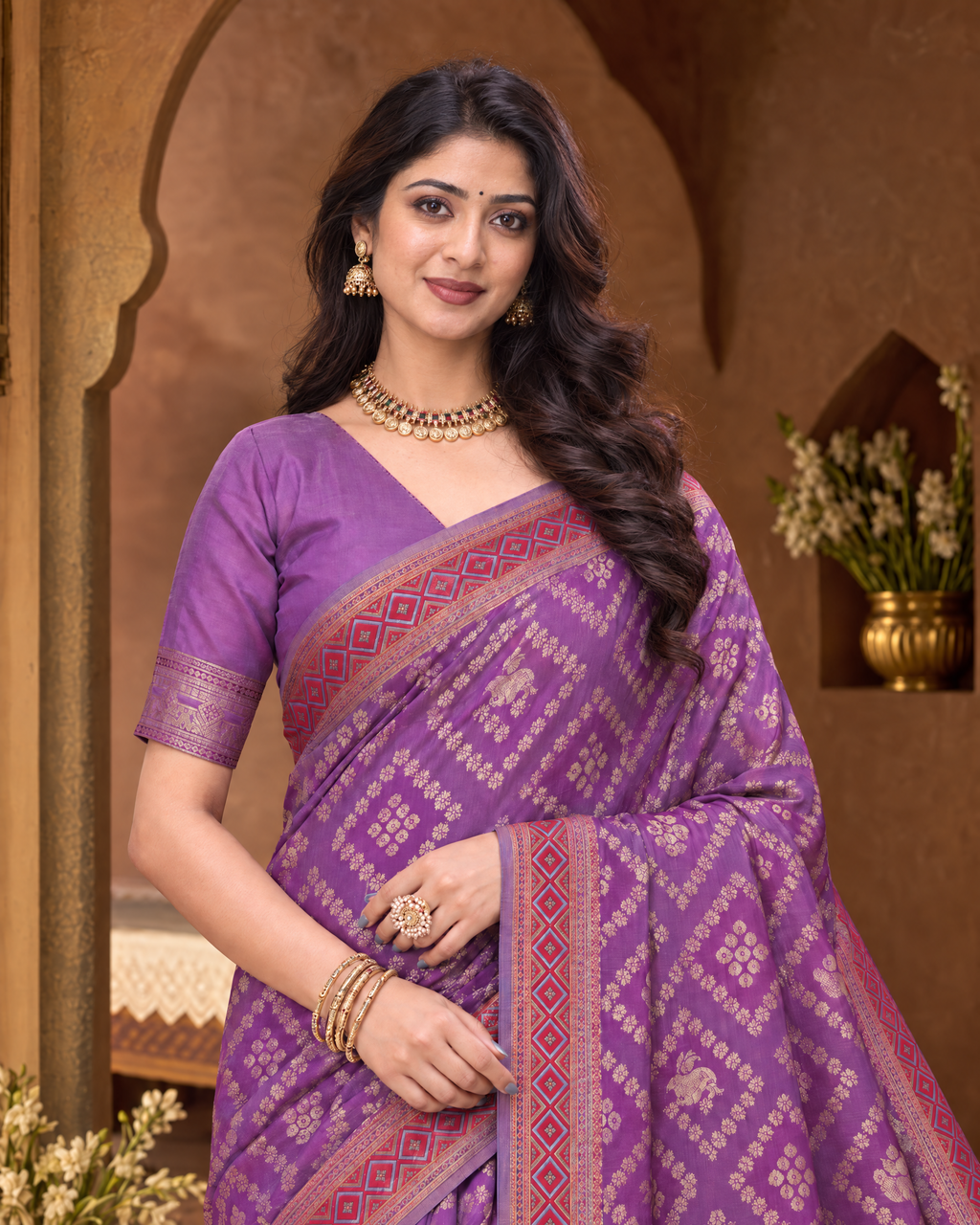 Kritika Diamond Pattern Zari Silk Saree with Geometric Pallu - Purple - upper closeup