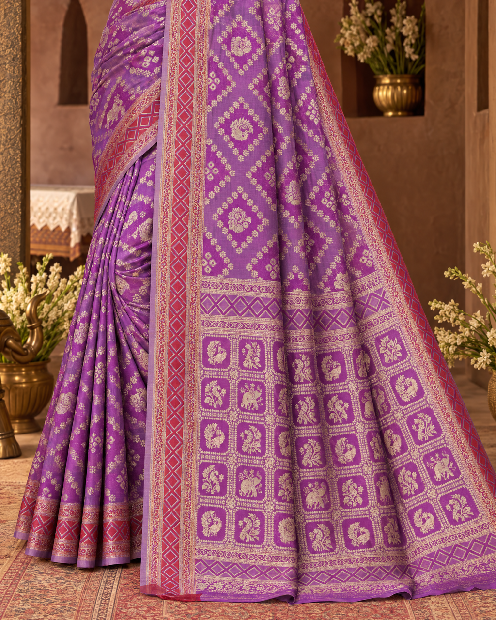Kritika Diamond Pattern Zari Silk Saree with Geometric Pallu - Purple - lower closeup