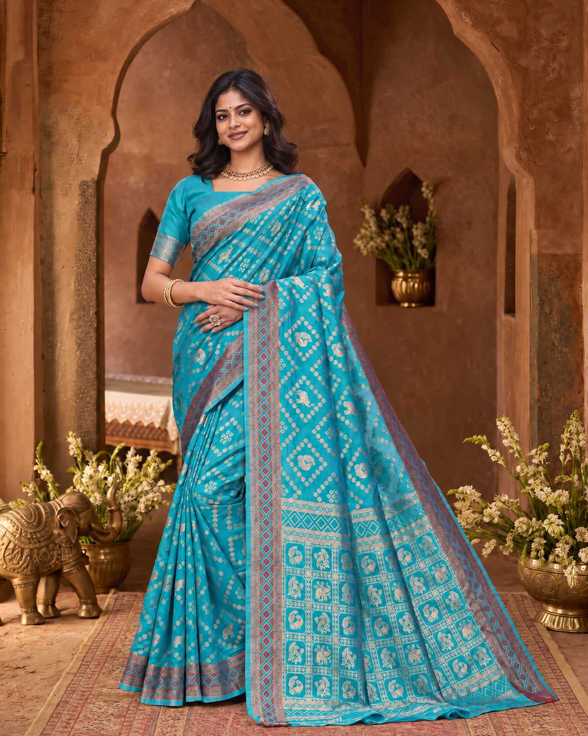 Kritika Diamond Pattern Zari Silk Saree with Geometric Pallu - Rama - full saree hero