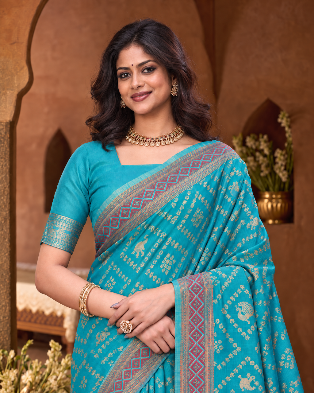 Kritika Diamond Pattern Zari Silk Saree with Geometric Pallu - Rama - upper closeup