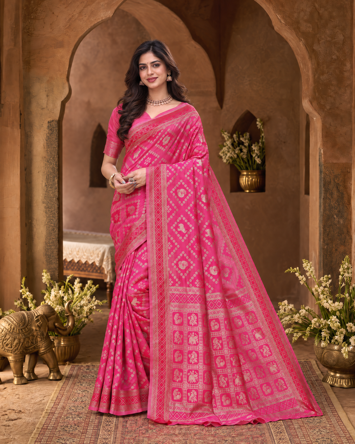 Kritika Diamond Pattern Zari Silk Saree with Geometric Pallu - Rani - full saree hero