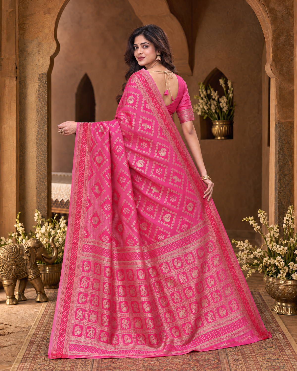 Kritika Diamond Pattern Zari Silk Saree with Geometric Pallu - Rani - side