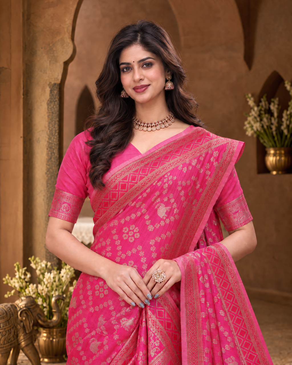 Kritika Diamond Pattern Zari Silk Saree with Geometric Pallu - Rani - upper closeup