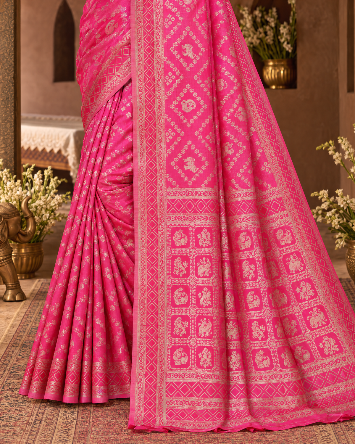 Kritika Diamond Pattern Zari Silk Saree with Geometric Pallu - Rani - lower closeup