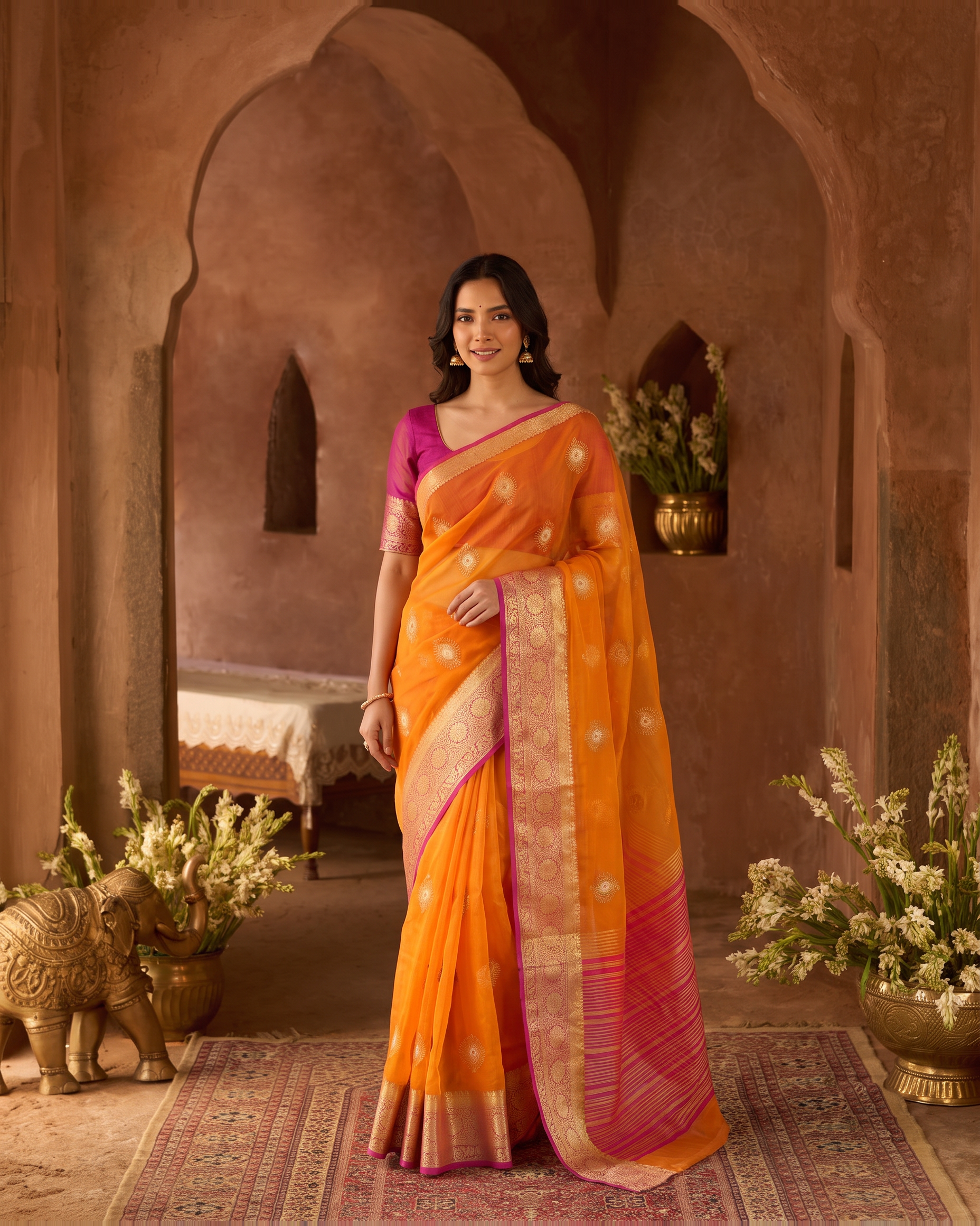 Lavanya Bright Festive Saree with Elegant Pallu - Orange Pink - full saree hero