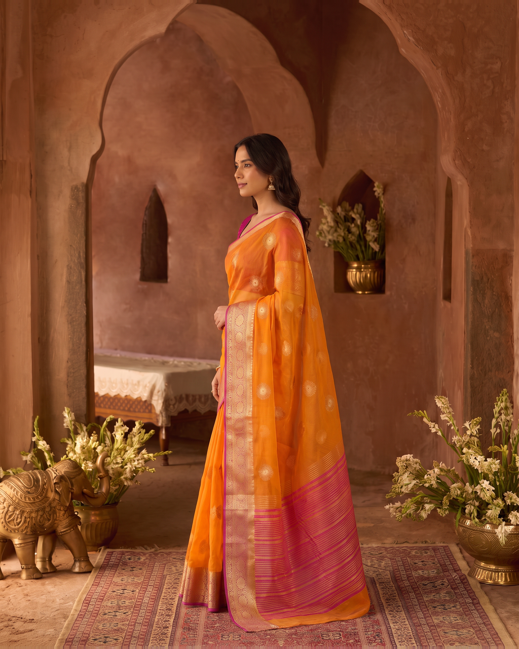 Lavanya Bright Festive Saree with Elegant Pallu - Orange Pink - side