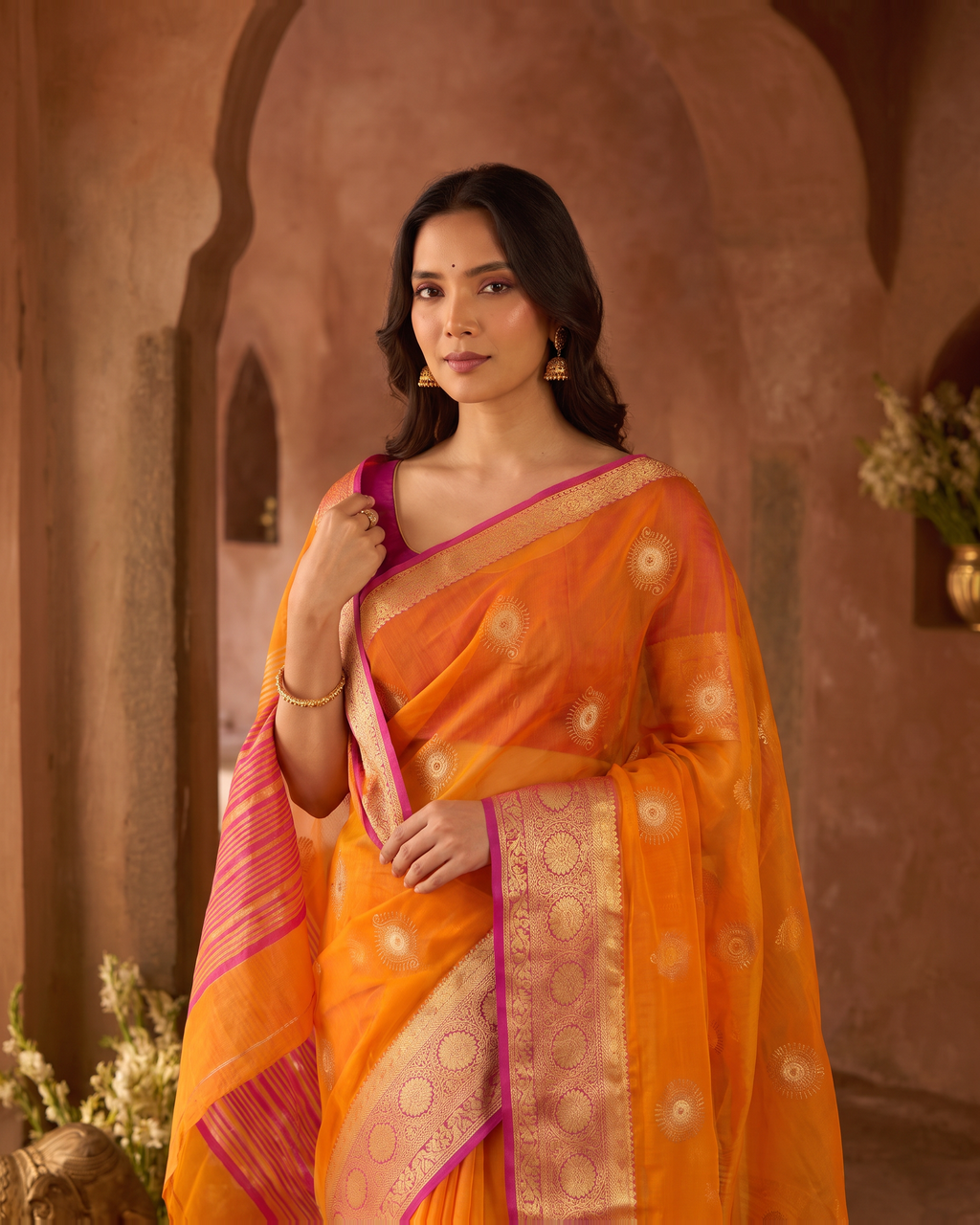 Lavanya Bright Festive Saree with Elegant Pallu - Orange Pink - upper closeup