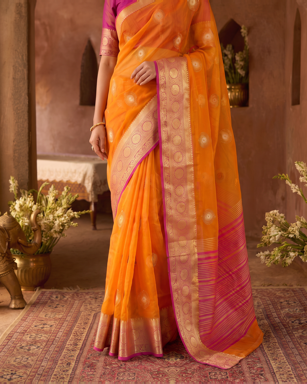 Lavanya Bright Festive Saree with Elegant Pallu - Orange Pink - lower closeup