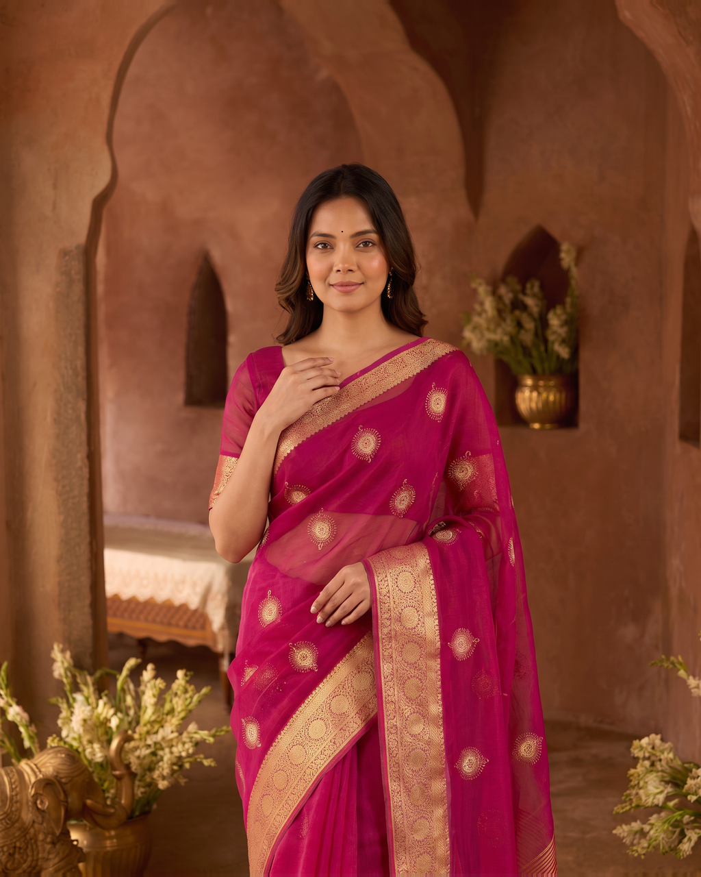 Lavanya Bright Festive Saree with Elegant Pallu - Pink - upper closeup