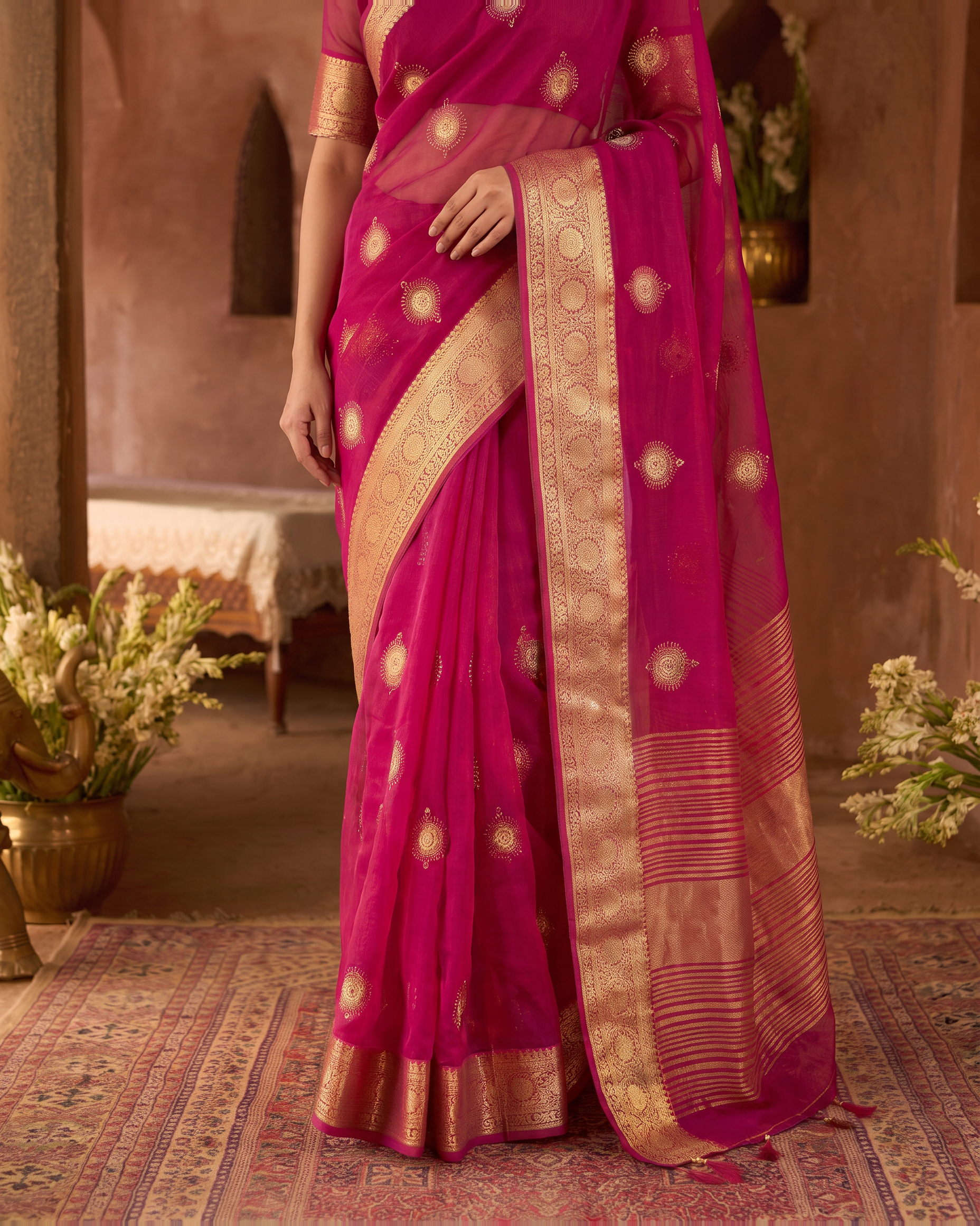 Lavanya Bright Festive Saree with Elegant Pallu - Pink - lower closeup