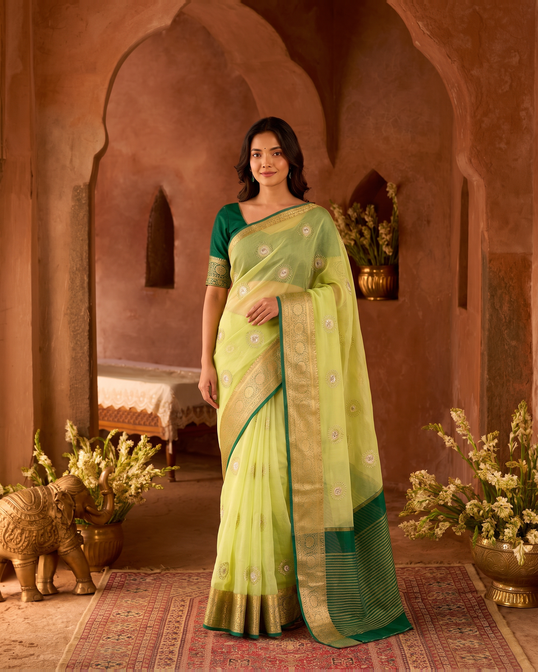 Lavanya Bright Festive Saree with Elegant Pallu - Pista Green - full saree hero