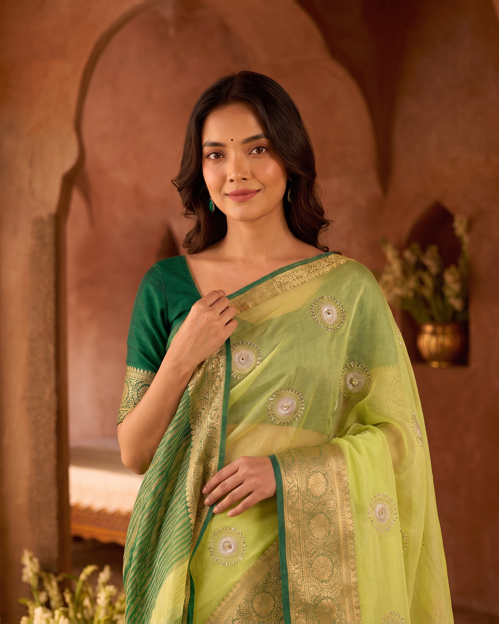 Lavanya Bright Festive Saree with Elegant Pallu - Pista Green - upper closeup