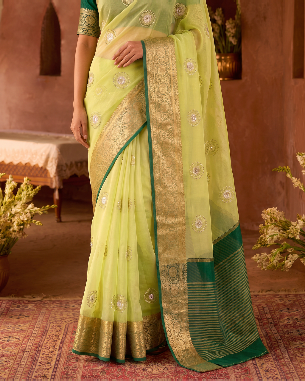 Lavanya Bright Festive Saree with Elegant Pallu - Pista Green - lower closeup