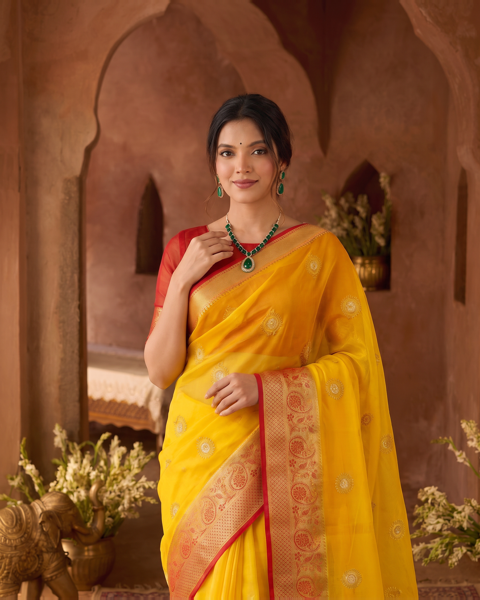 Lavanya Bright Festive Saree with Elegant Pallu - Yellow - upper closeup