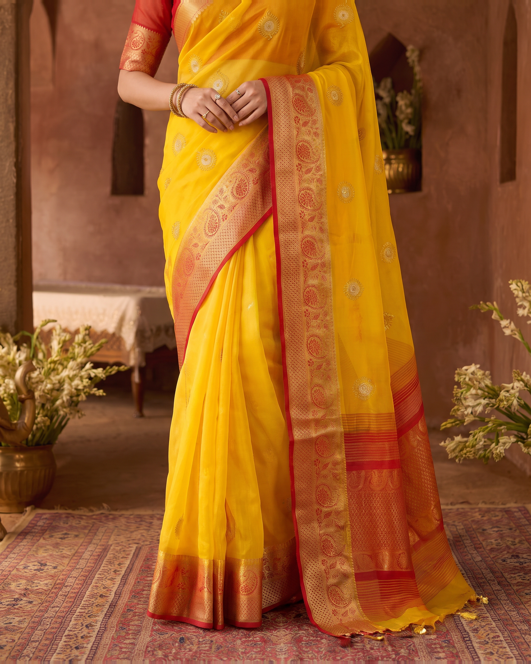 Lavanya Bright Festive Saree with Elegant Pallu - Yellow - lower closeup