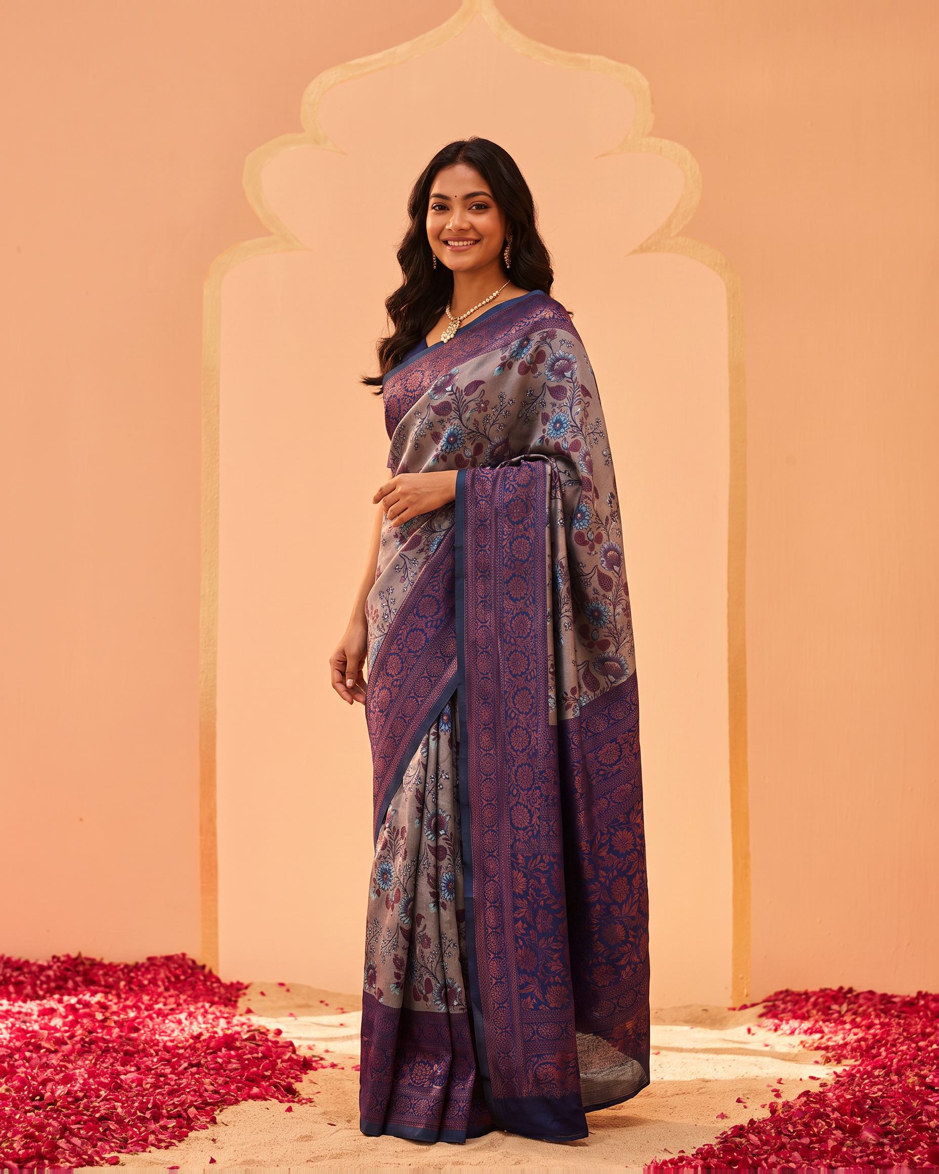 Lavender Plum Silk Saree with Antique Motif Border - full saree hero