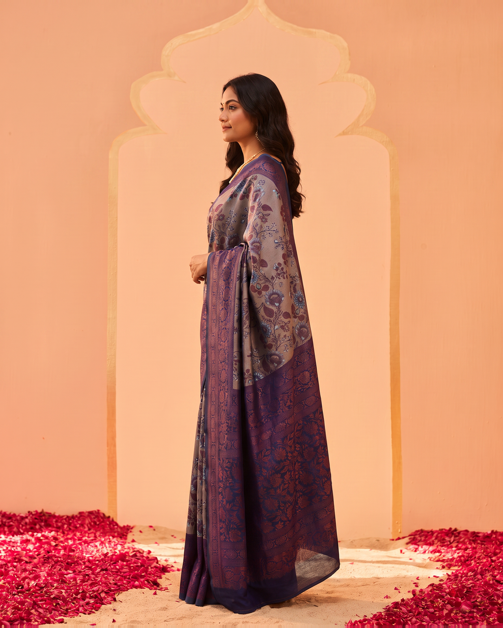 Lavender Plum Silk Saree with Antique Motif Border - side drape