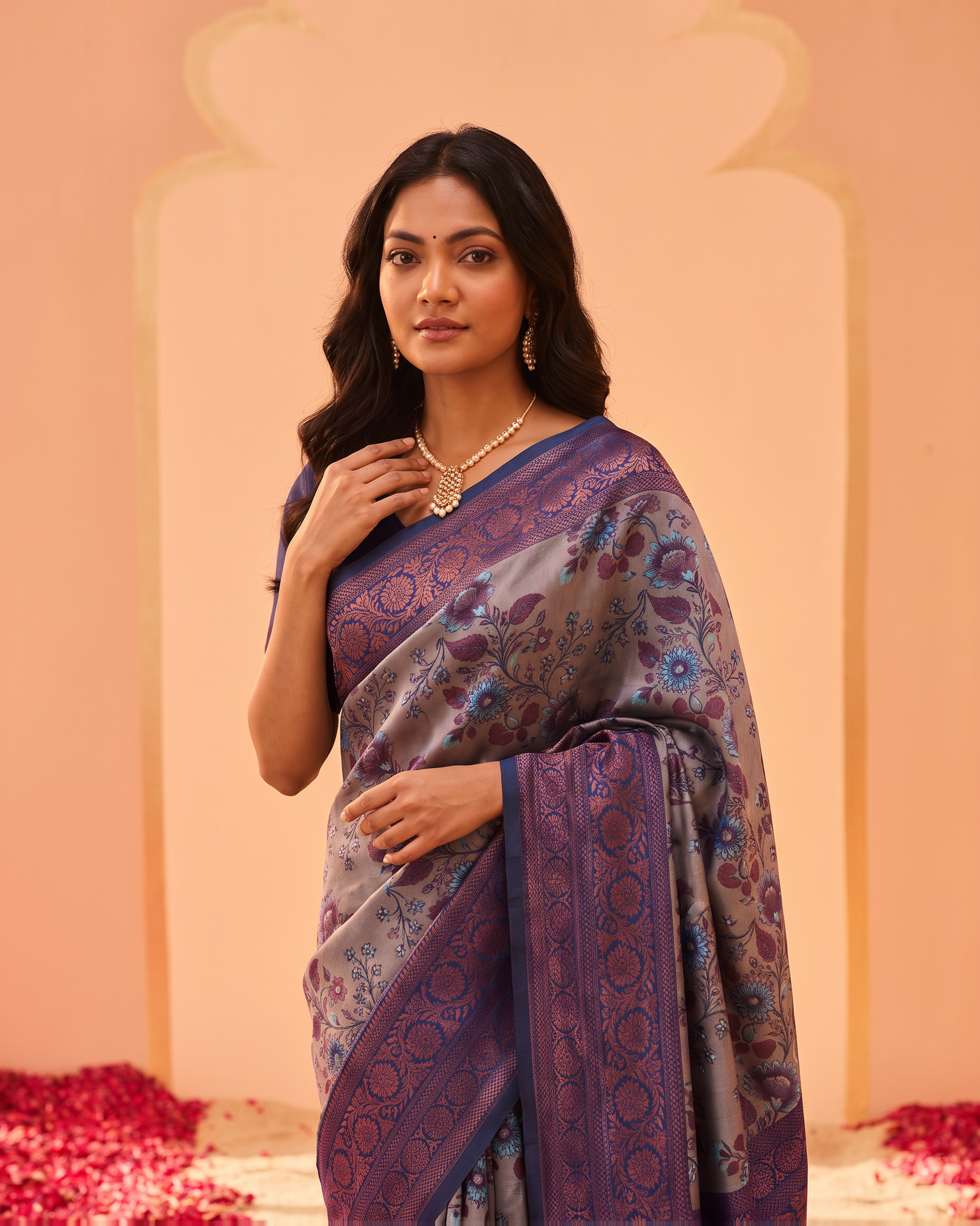 Lavender Plum Silk Saree with Antique Motif Border - upper closeup