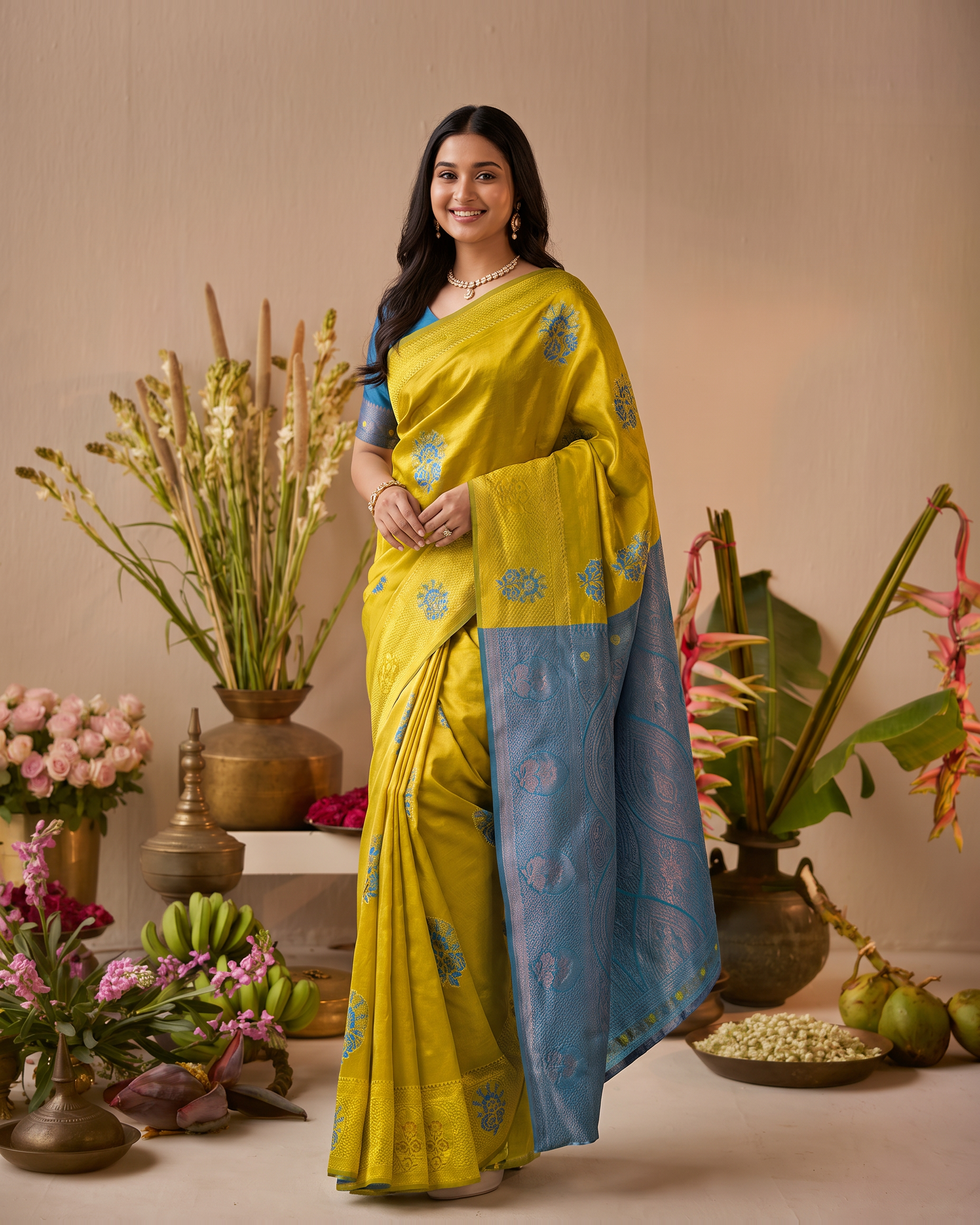 Lemon Yellow Sky Blue Silk Saree with Festive Pallu - full saree hero