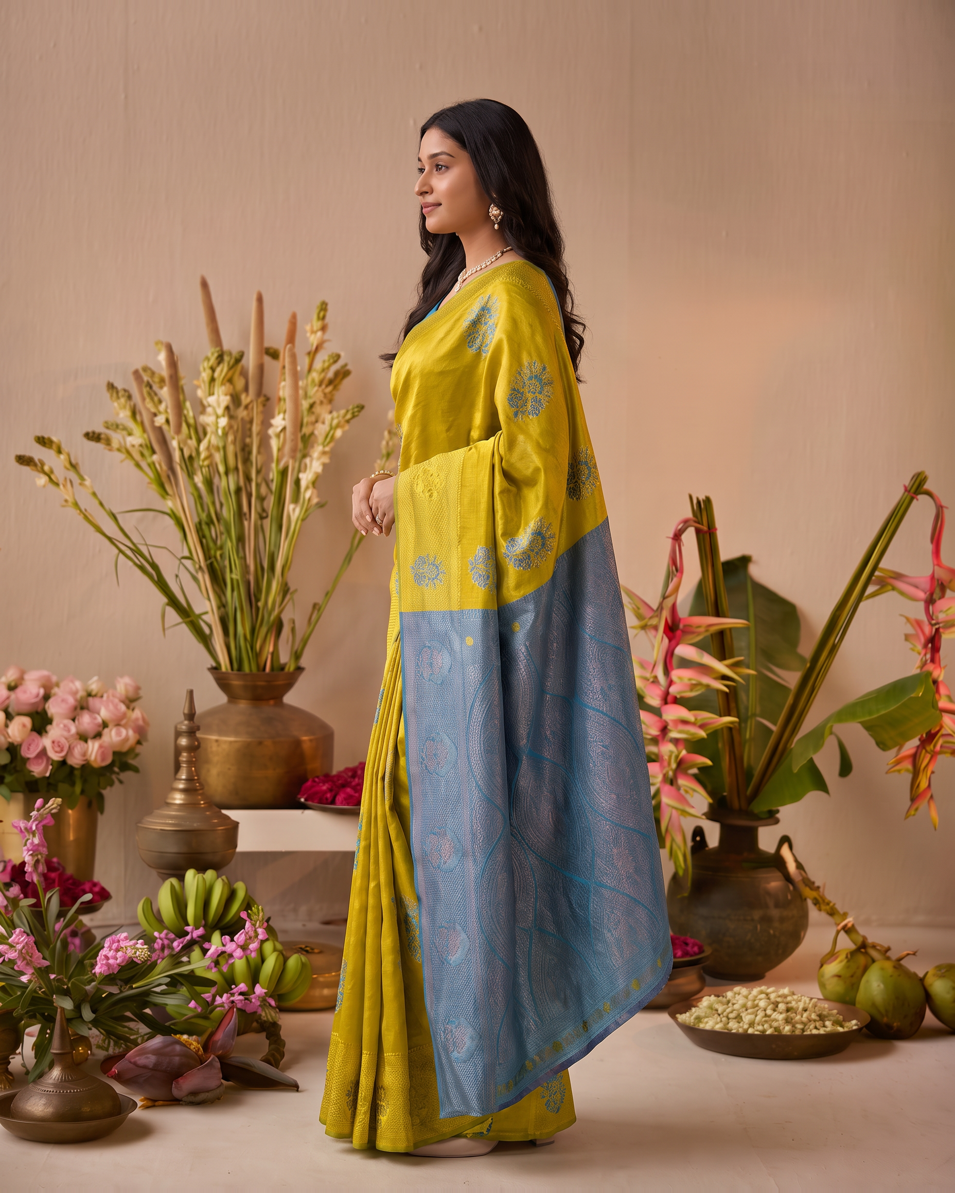 Lemon Yellow Sky Blue Silk Saree with Festive Pallu - side drape