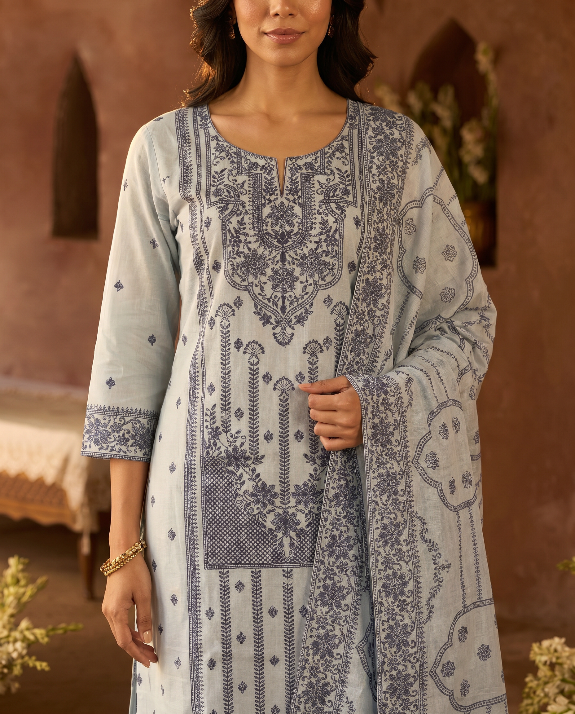 Light Blue Embroidered Salwar Suit Set - closeup