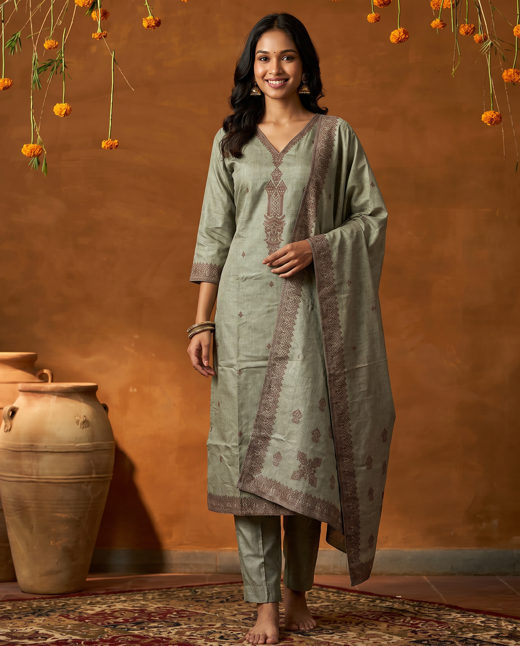 Light Green Embroidered Salwar Suit Set with Brown Detail - front