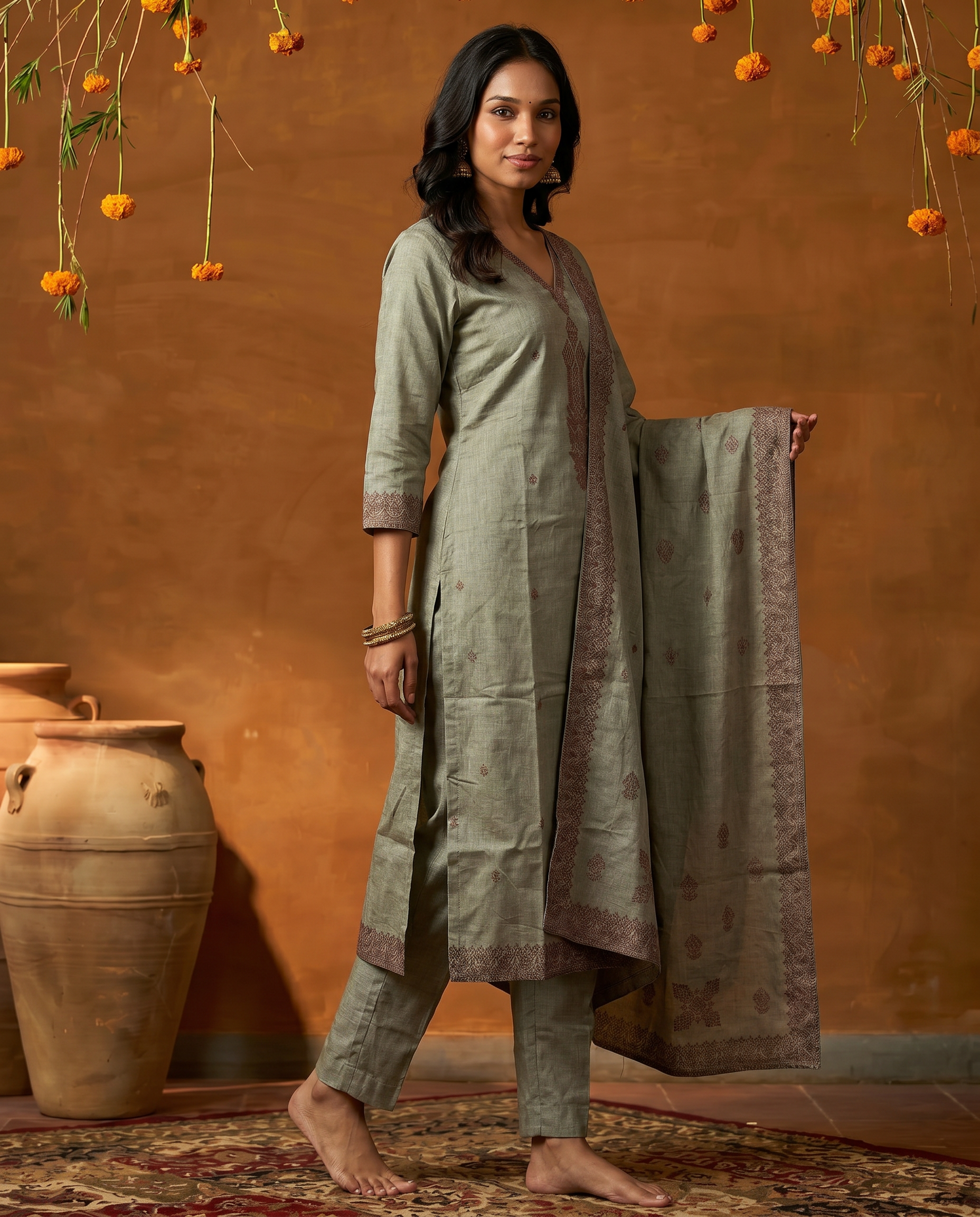 Light Green Embroidered Salwar Suit Set with Brown Detail - side