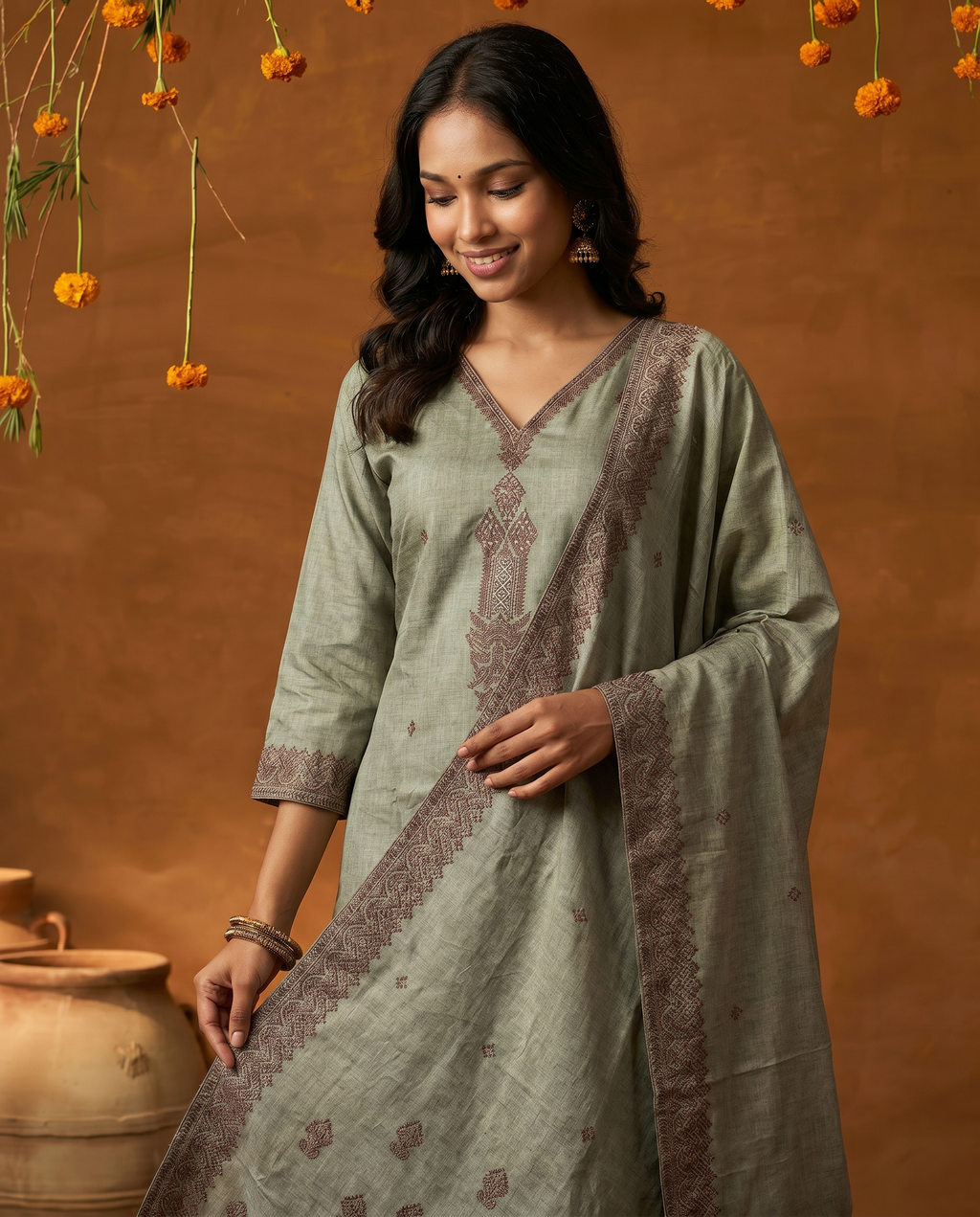 Light Green Embroidered Salwar Suit Set with Brown Detail - closeup