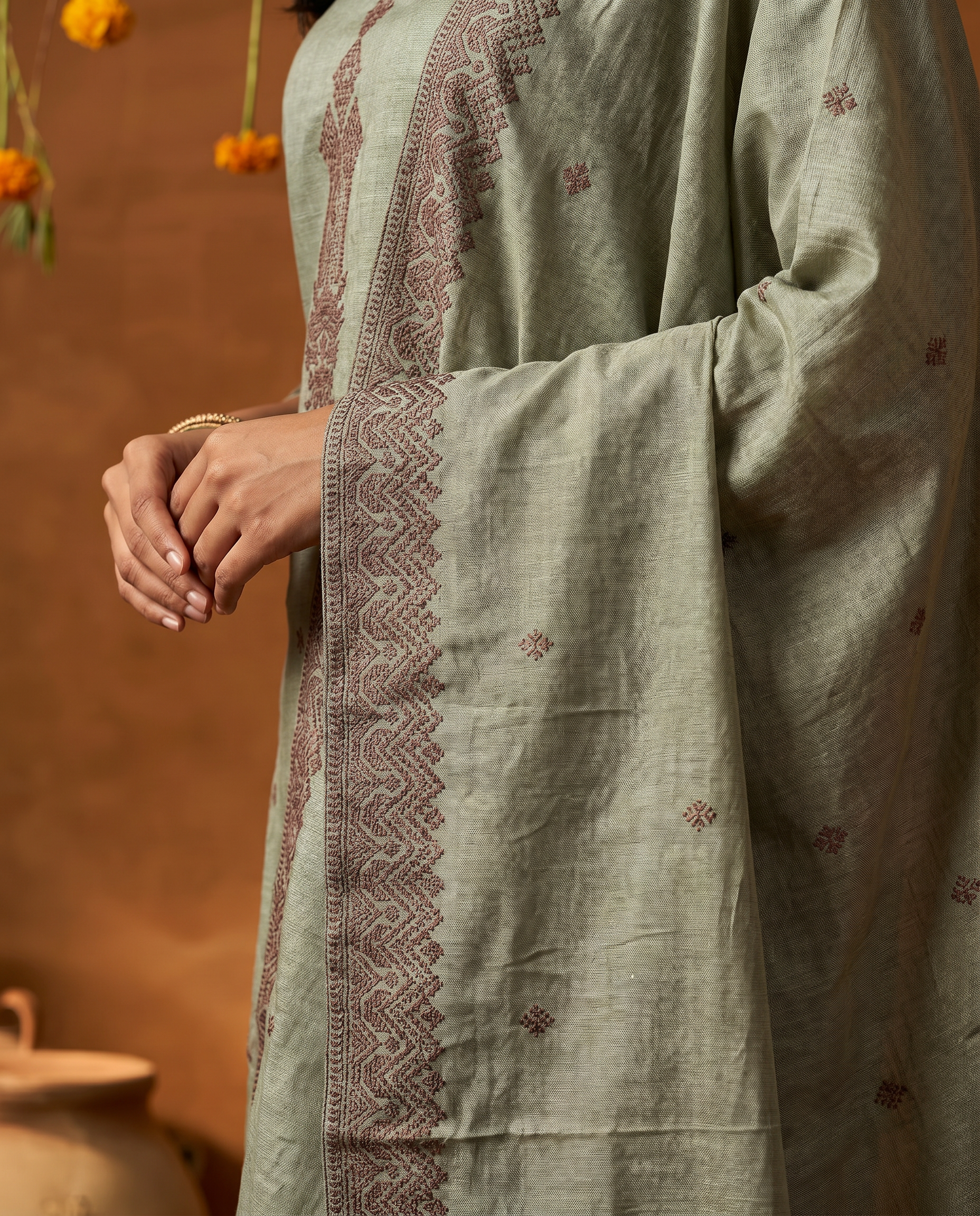 Light Green Embroidered Salwar Suit Set with Brown Detail - dupatta