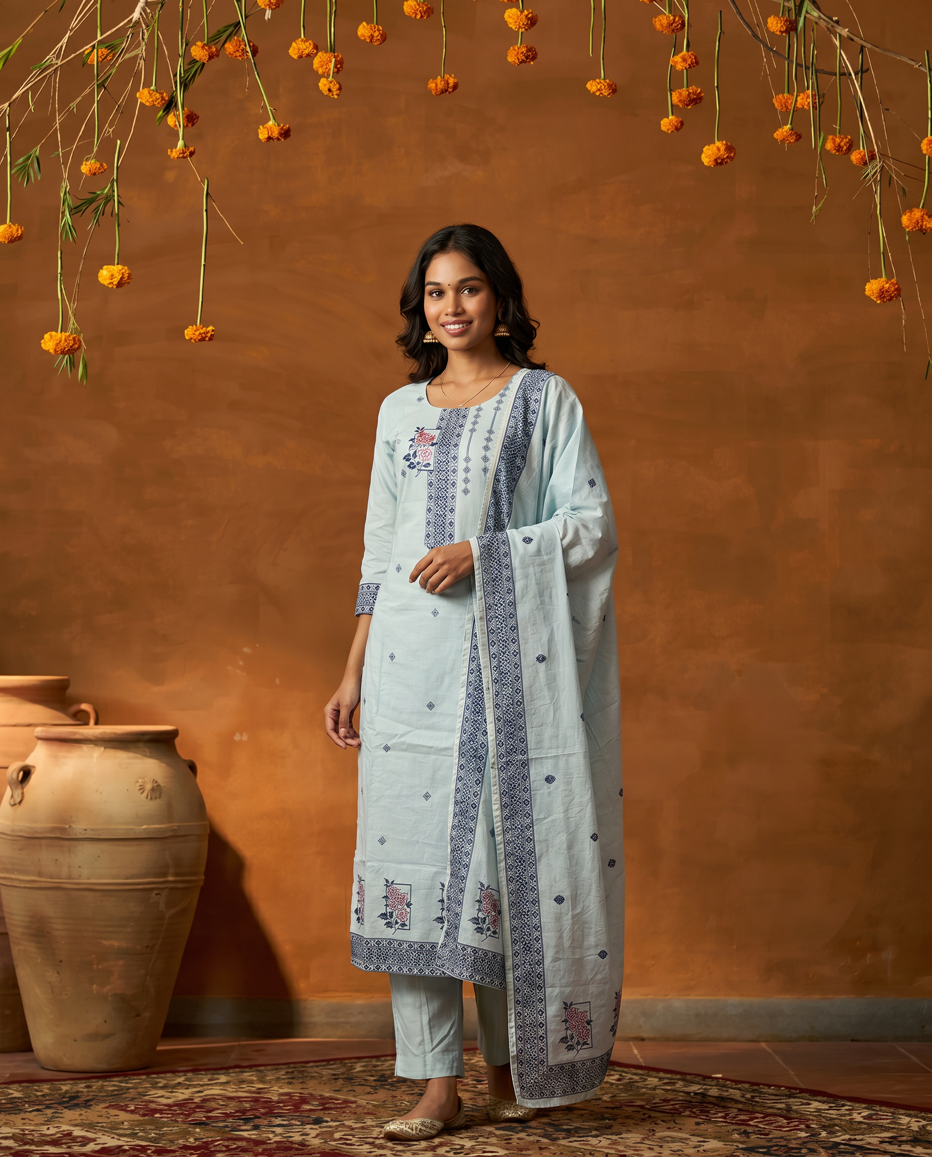 Light Green Embroidered Salwar Suit Set with Dark Blue Detail - front