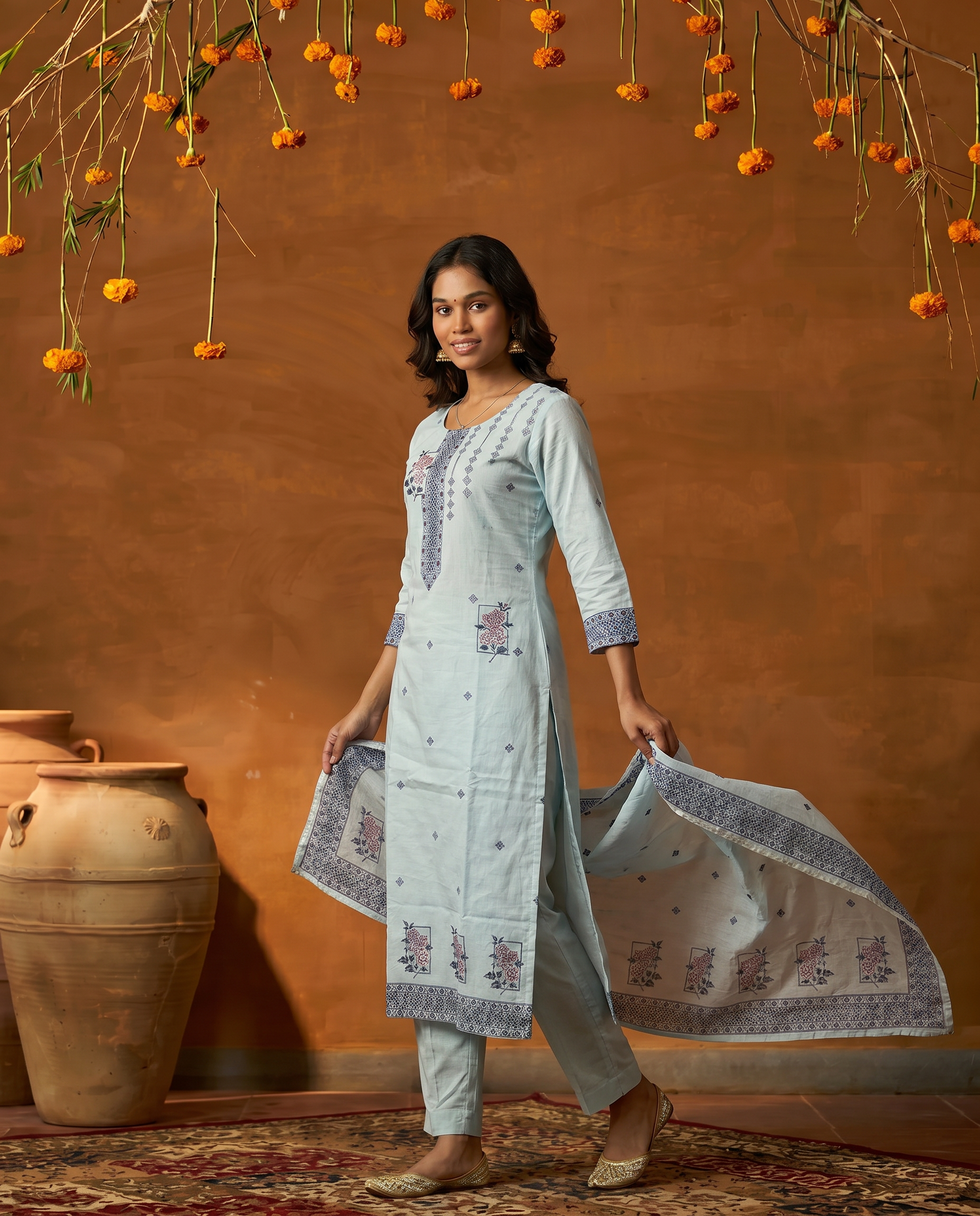 Light Green Embroidered Salwar Suit Set with Dark Blue Detail - side