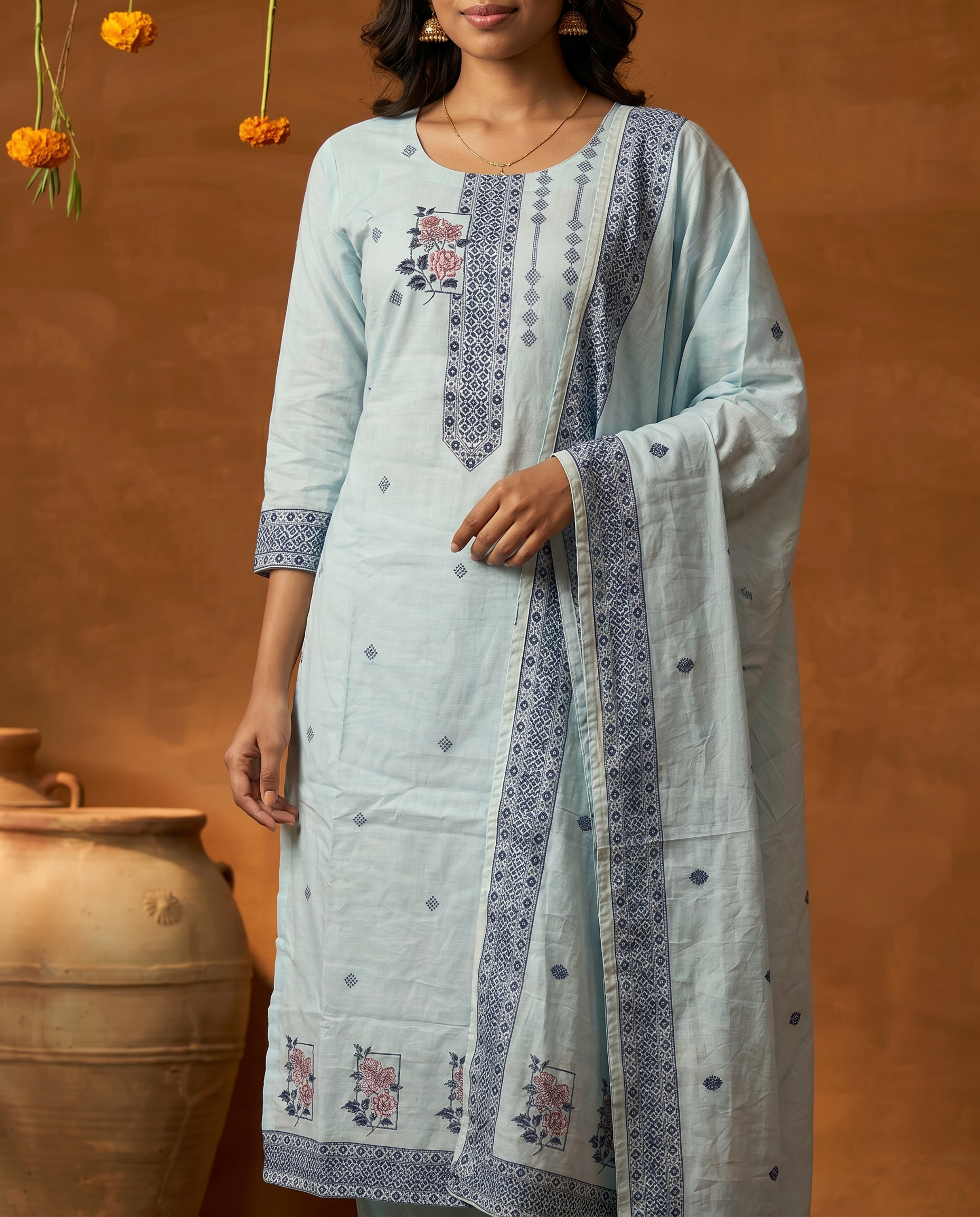 Light Green Embroidered Salwar Suit Set with Dark Blue Detail - closeup